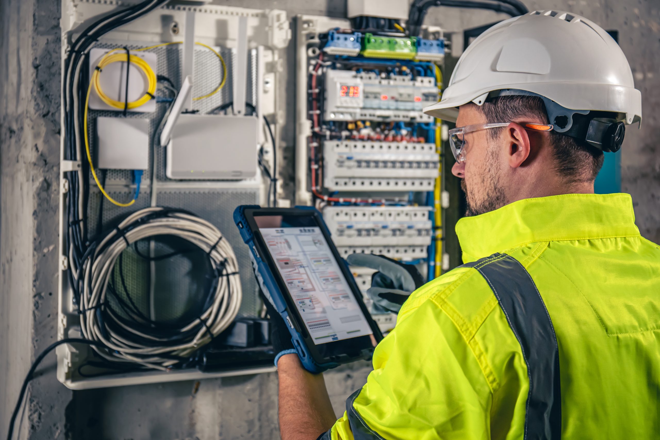 Engineer using a digital tablet on an industrial shopfloor